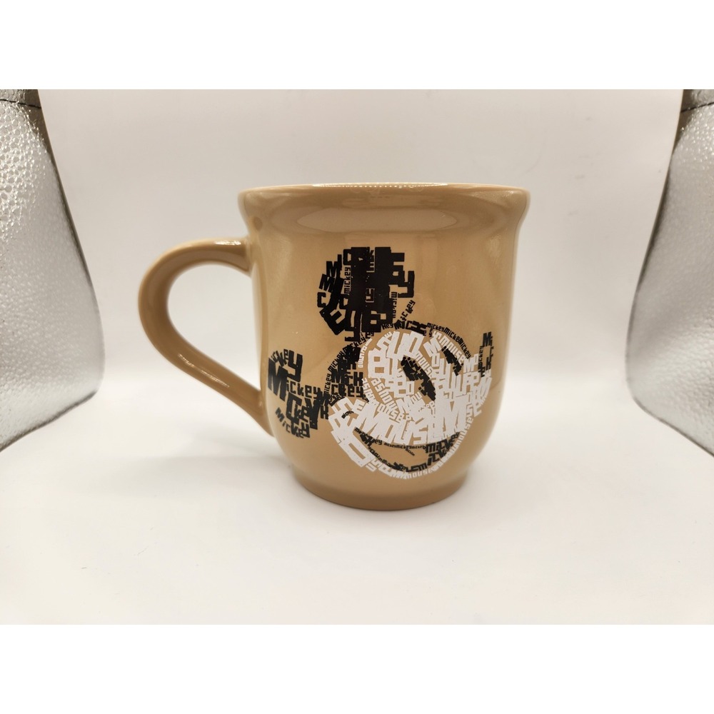 Disney Store Text Collage Tan Brown Mickey Mouse‎ Face Mug Cup 16 oz